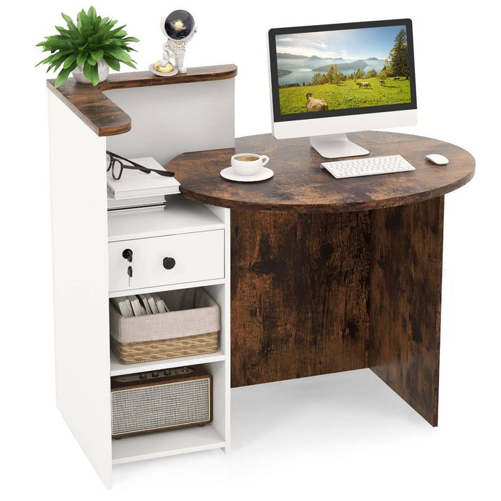 Corner Front Reception Counter Desk with Lockable Drawer Coffee - TidySpaces