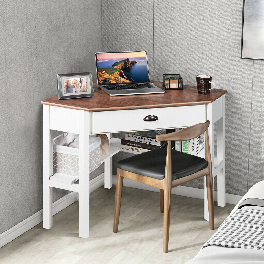 Corner Table / Computer Desk with Drawer and Shelves - TidySpaces