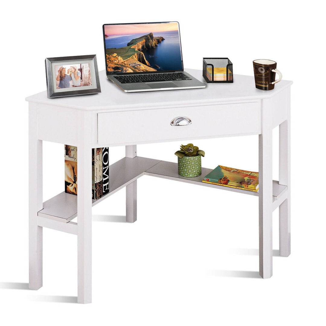 Corner Table / Computer Desk with Drawer and Shelves - TidySpaces