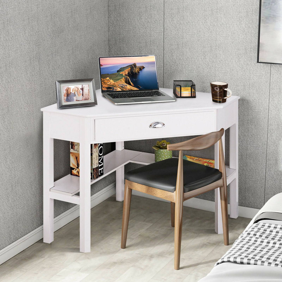 Corner Table / Computer Desk with Drawer and Shelves - TidySpaces