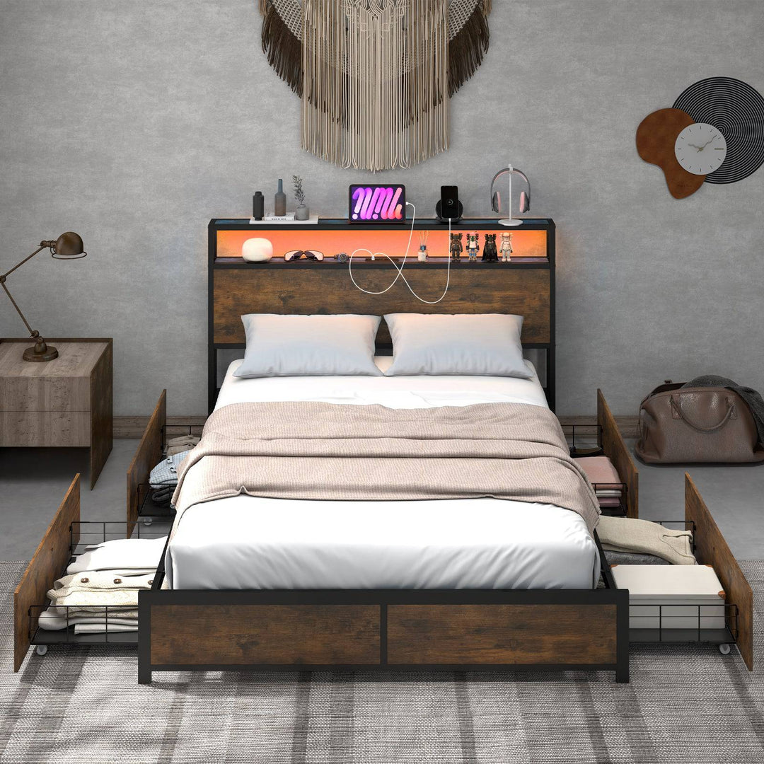 Double/King Size Bed Frame with LED Lights Headboard - TidySpaces