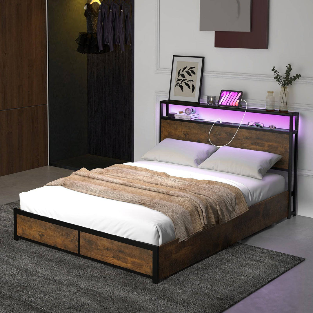 Double/King Size Bed Frame with LED Lights Headboard - TidySpaces