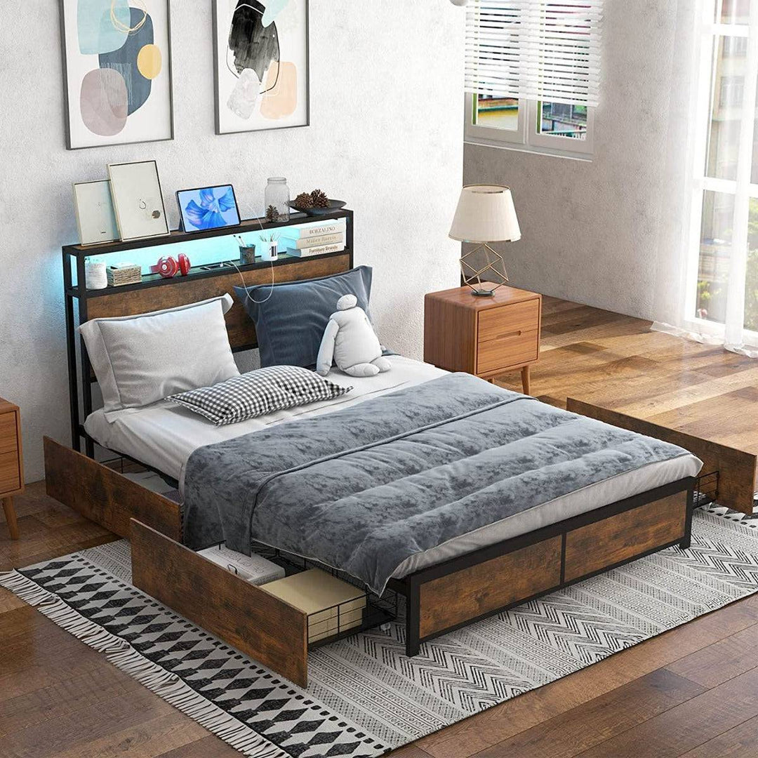 Double/King Size Bed Frame with LED Lights Headboard - TidySpaces