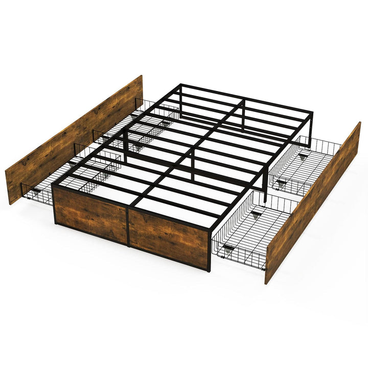 Double Metal Bed Frame with 4 Rolling Underbed Storage Drawers - TidySpaces