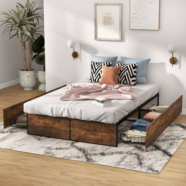 Double Metal Bed Frame with 4 Rolling Underbed Storage Drawers - TidySpaces