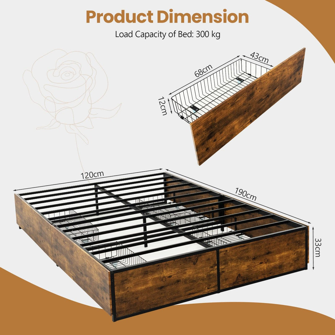 Double Metal Bed Frame with 4 Rolling Underbed Storage Drawers - TidySpaces