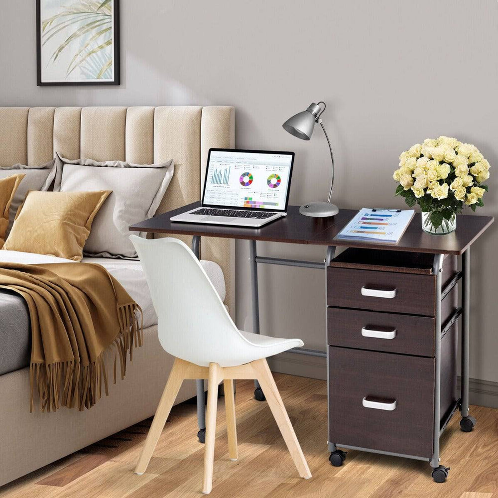 Folding Computer Desk with Rolling Wheels and 3 Drawers for Home Office - TidySpaces