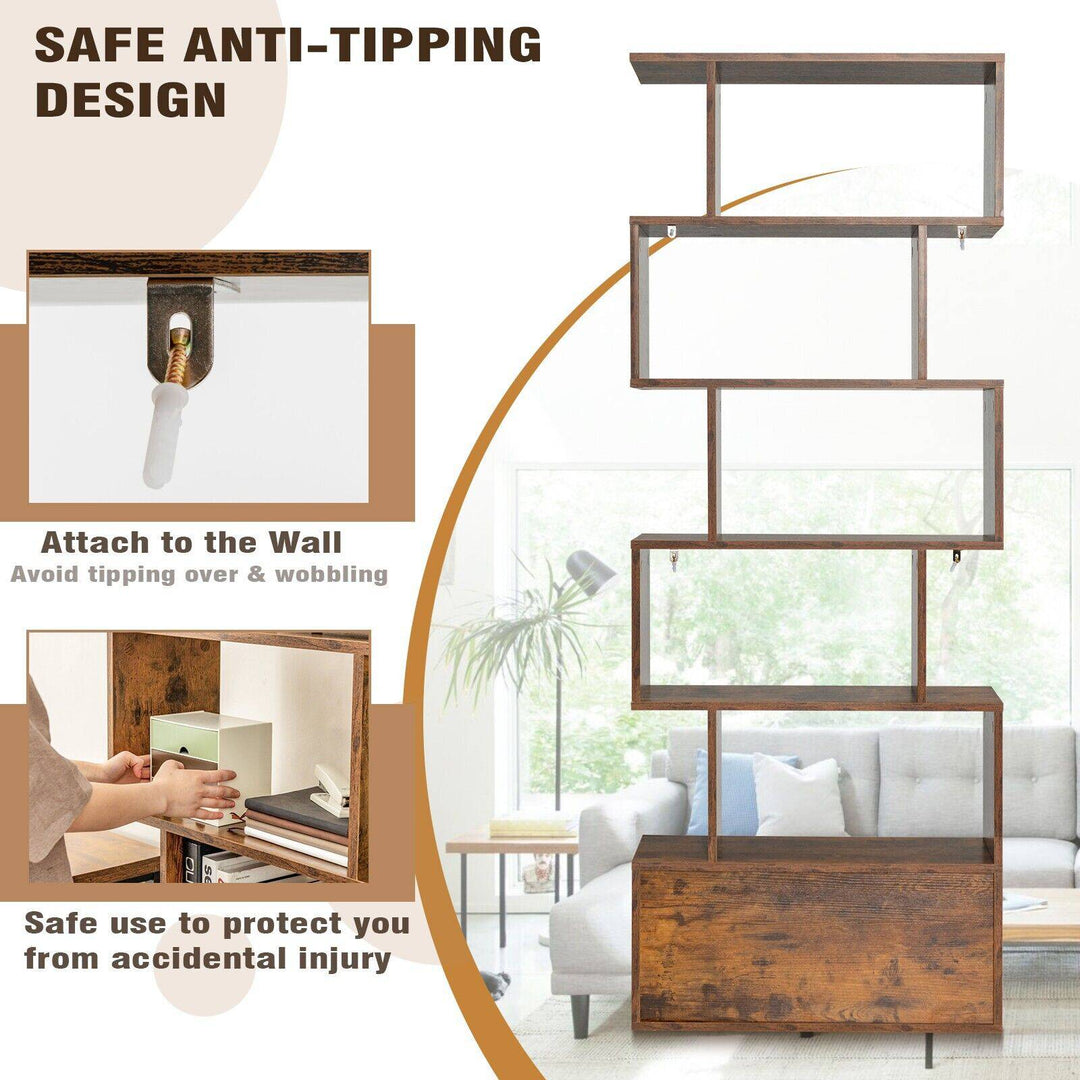 Industrial S Shaped 5 tier Bookcase with Cabinet - TidySpaces