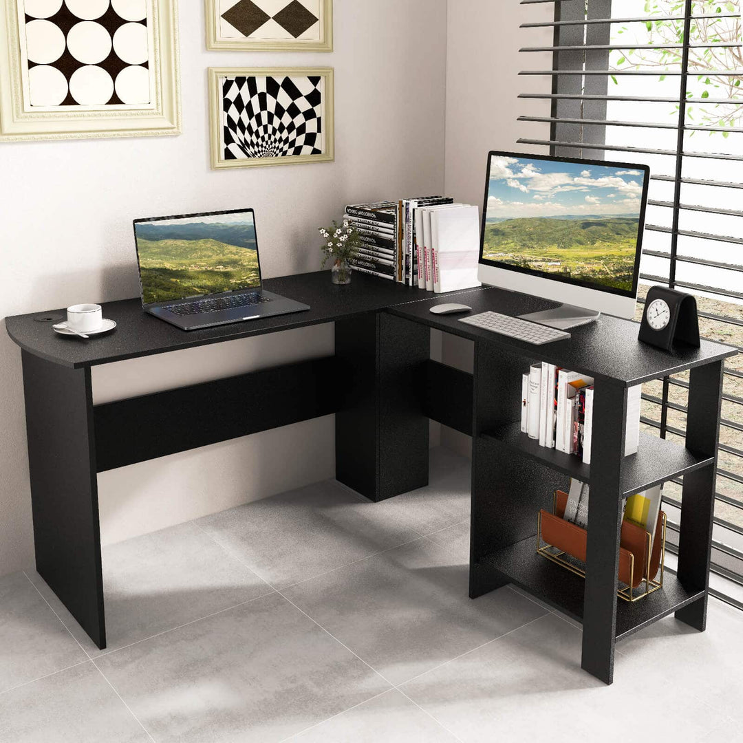 L shaped Computer Desk with 2 Storage Shelves - TidySpaces