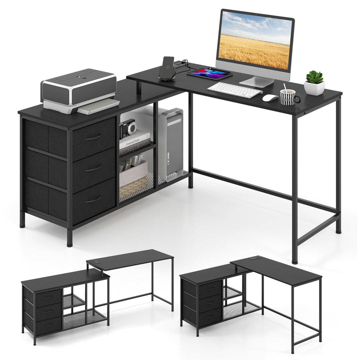 L Shaped Computer Desk with Drawers Shelves and Charging Station - TidySpaces