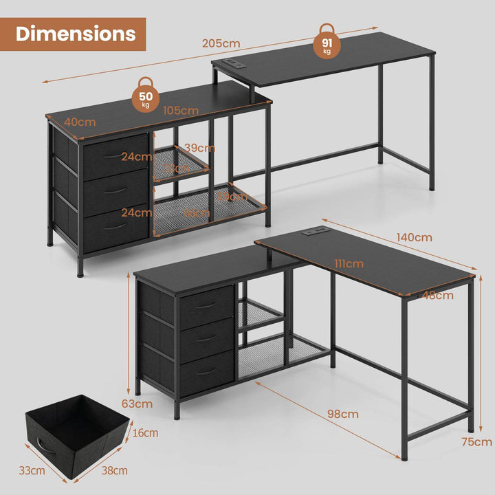 L Shaped Computer Desk with Drawers Shelves and Charging Station - TidySpaces