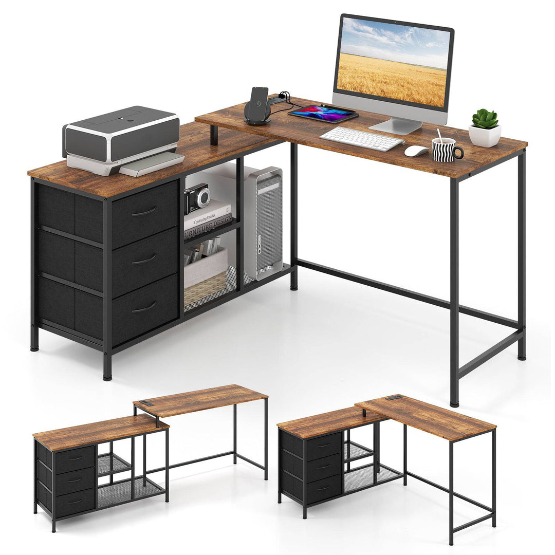 L Shaped Computer Desk with Drawers Shelves and Charging Station - TidySpaces