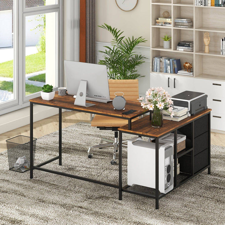 L Shaped Computer Desk with Drawers Shelves and Charging Station - TidySpaces