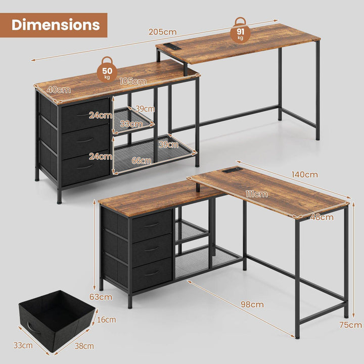 L Shaped Computer Desk with Drawers Shelves and Charging Station - TidySpaces