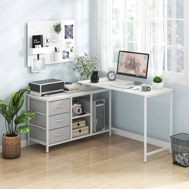 L Shaped Computer Desk with Drawers Shelves and Charging Station - TidySpaces