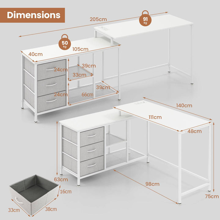 L Shaped Computer Desk with Drawers Shelves and Charging Station - TidySpaces