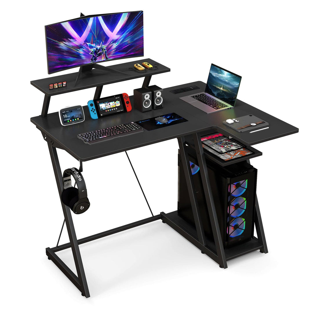 L Shaped Gaming Desk with Outlets USB Ports and Monitor Shelf - TidySpaces