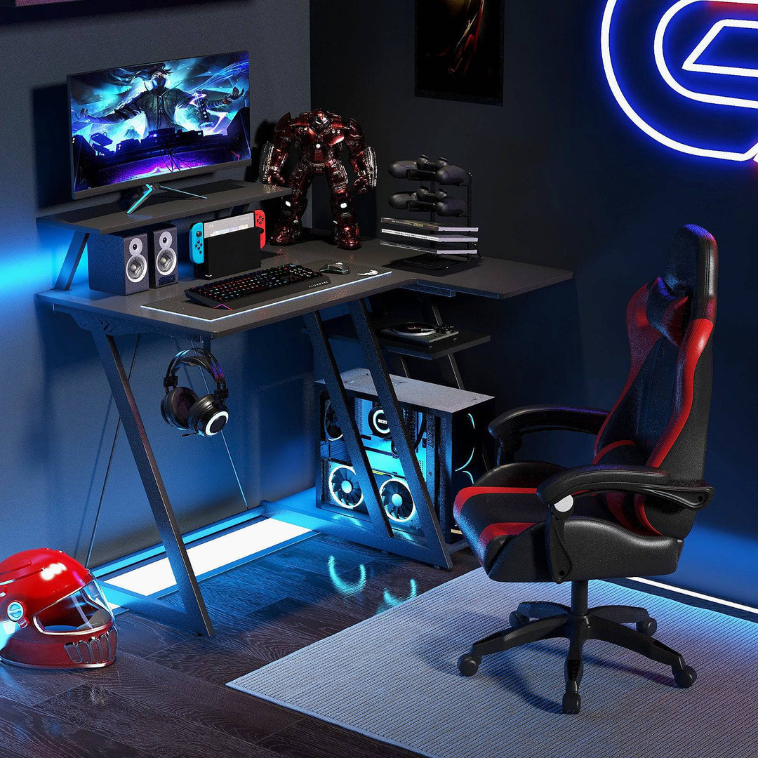 L Shaped Gaming Desk with Outlets USB Ports and Monitor Shelf - TidySpaces