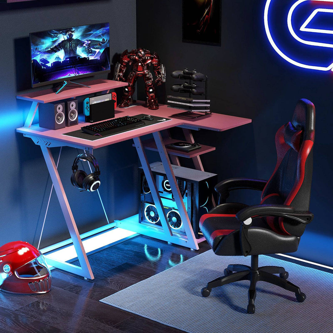 L Shaped Gaming Desk with Outlets USB Ports and Monitor Shelf - TidySpaces