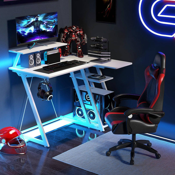 L Shaped Gaming Desk with Outlets USB Ports and Monitor Shelf - TidySpaces