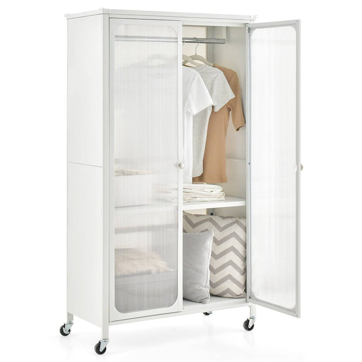 Mobile Metal Wardrobe Armoire Closet with Hanging Rod and Adjustable Shelf - TidySpaces