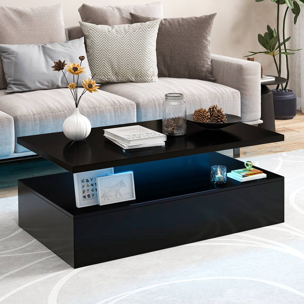 Modern 2 tier High Glossy Black Coffee Table with Adjustable Light Colors - TidySpaces