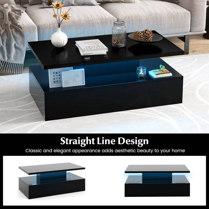 Modern 2 tier High Glossy Black Coffee Table with Adjustable Light Colors - TidySpaces