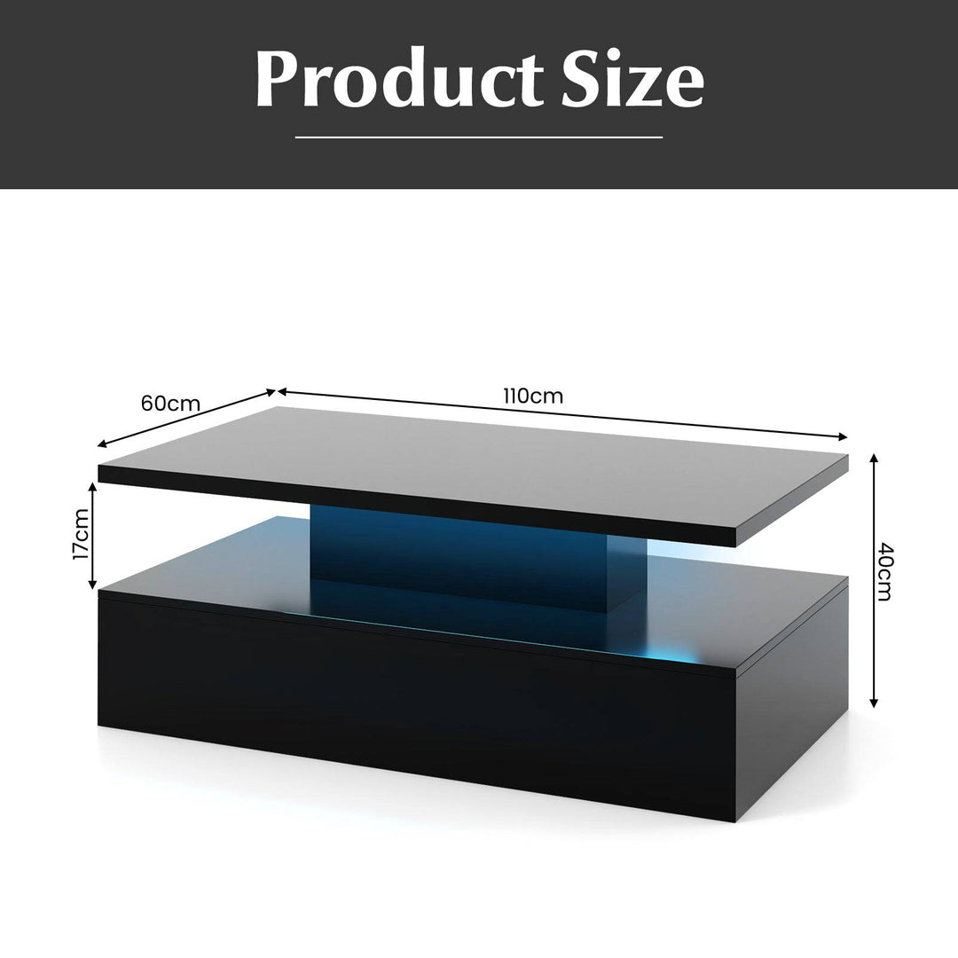 Modern 2 tier High Glossy Black Coffee Table with Adjustable Light Colors - TidySpaces