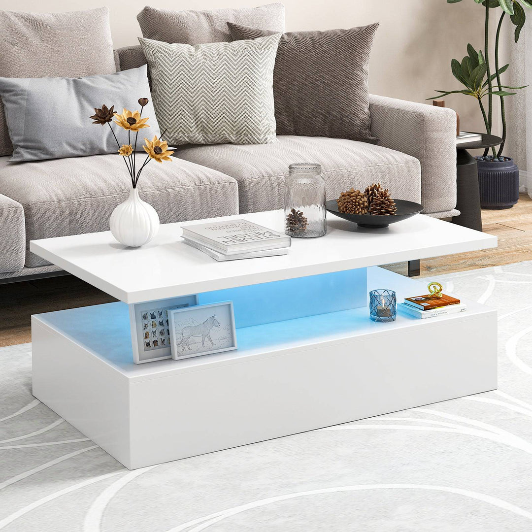 Modern 2 tier High Glossy Black Coffee Table with Adjustable Light Colors - TidySpaces