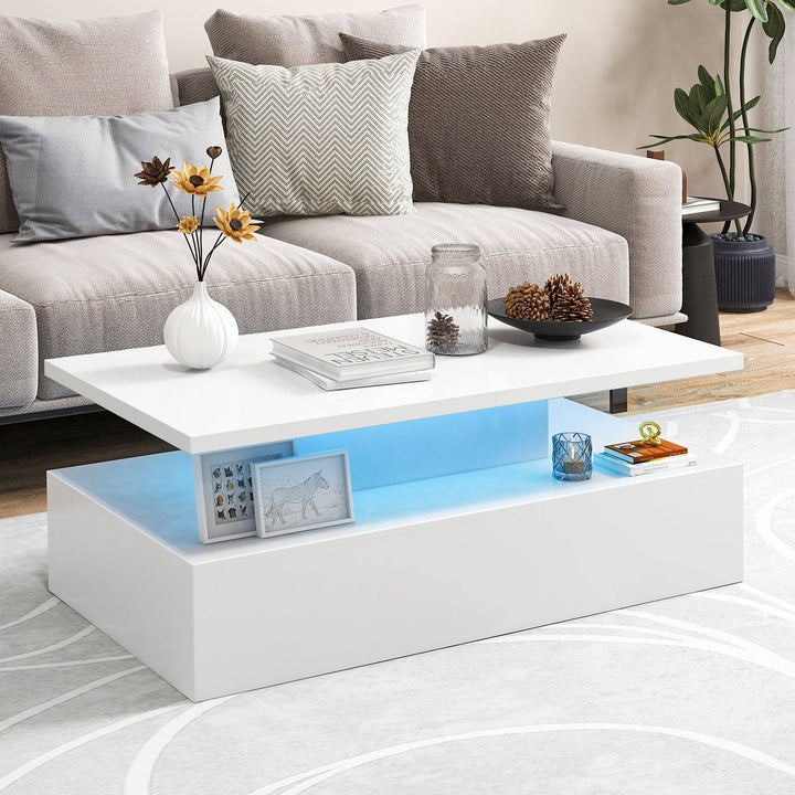 Modern 2 tier High Glossy Black Coffee Table with Adjustable Light Colors - TidySpaces