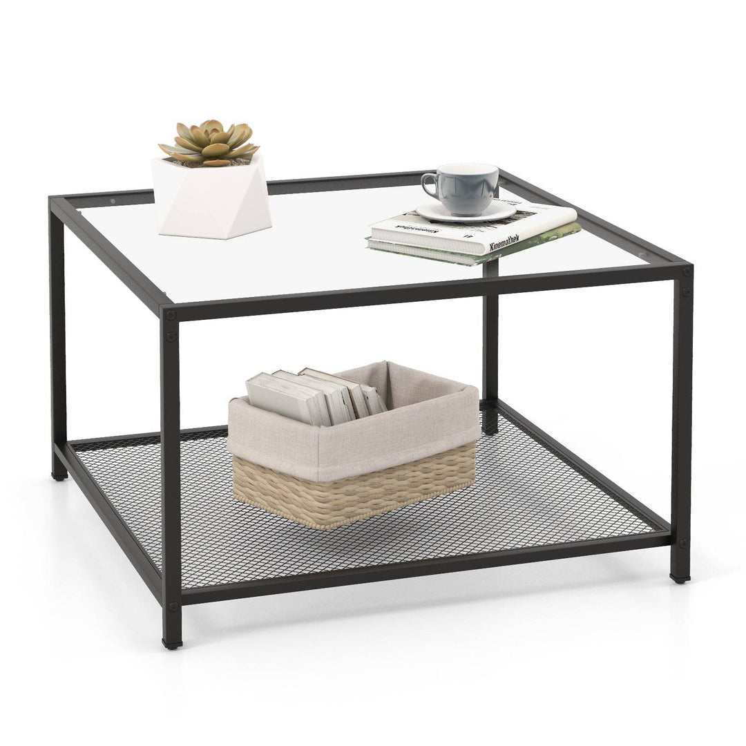 Modern 2 Tier Square Glass Coffee Table with Storage - TidySpaces