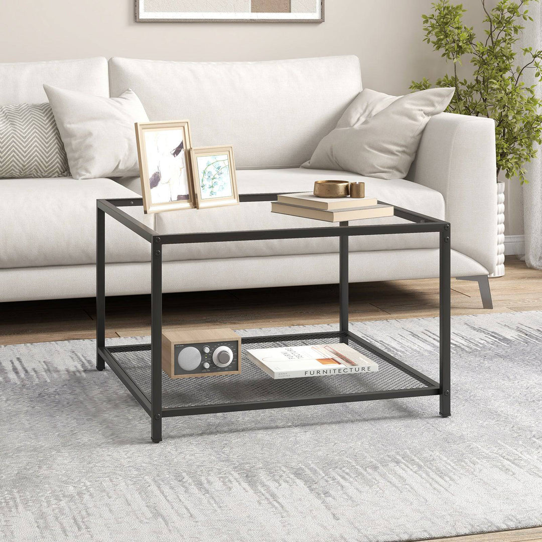 Modern 2 Tier Square Glass Coffee Table with Storage - TidySpaces