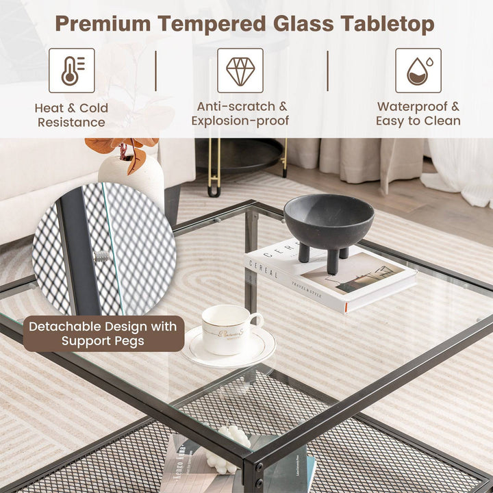 Modern 2 Tier Square Glass Coffee Table with Storage - TidySpaces