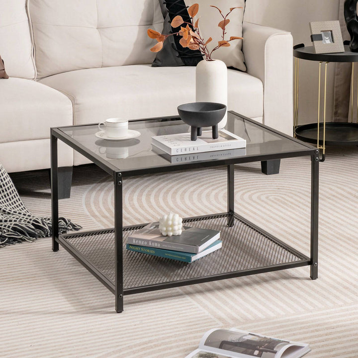 Modern 2 Tier Square Glass Coffee Table with Storage - TidySpaces