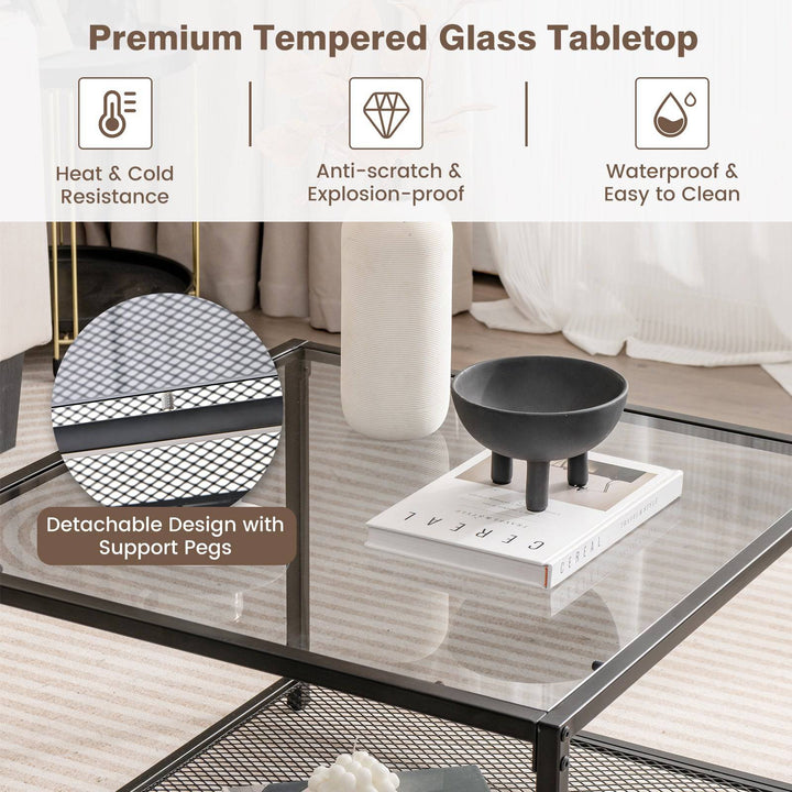 Modern 2 Tier Square Glass Coffee Table with Storage - TidySpaces