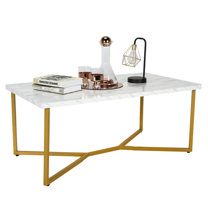 Modern Coffee Table with Faux Marble Tabletop and Golden Y shaped Legs - TidySpaces