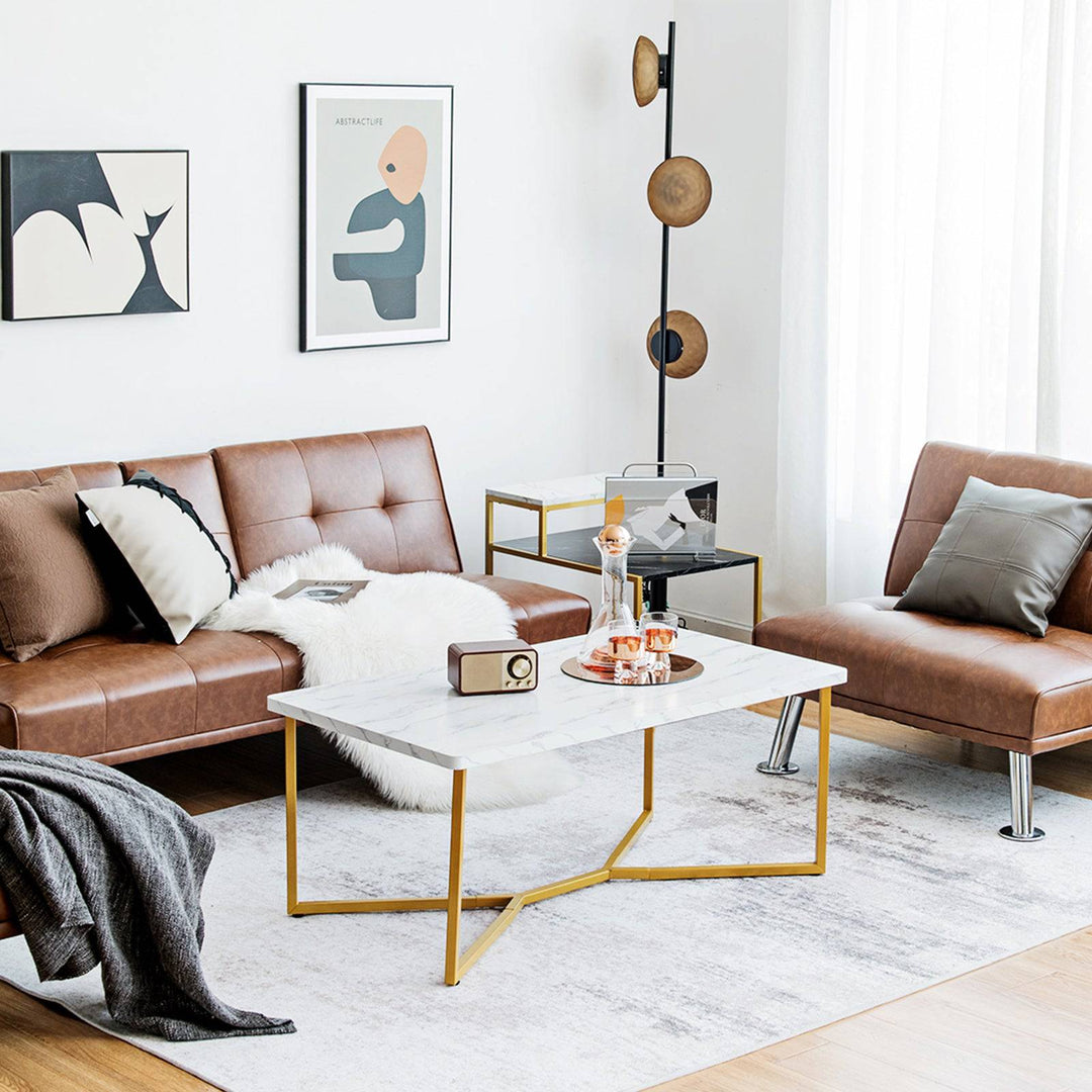 Modern Coffee Table with Faux Marble Tabletop and Golden Y shaped Legs - TidySpaces