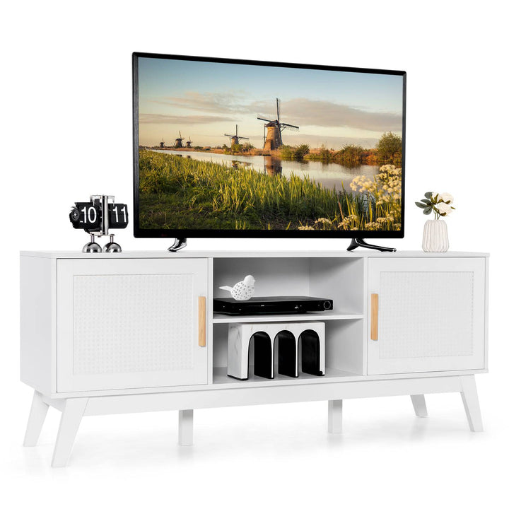 Rattan TV Stand for TVs up to 65 Inch with Adjustable Shelf White - TidySpaces