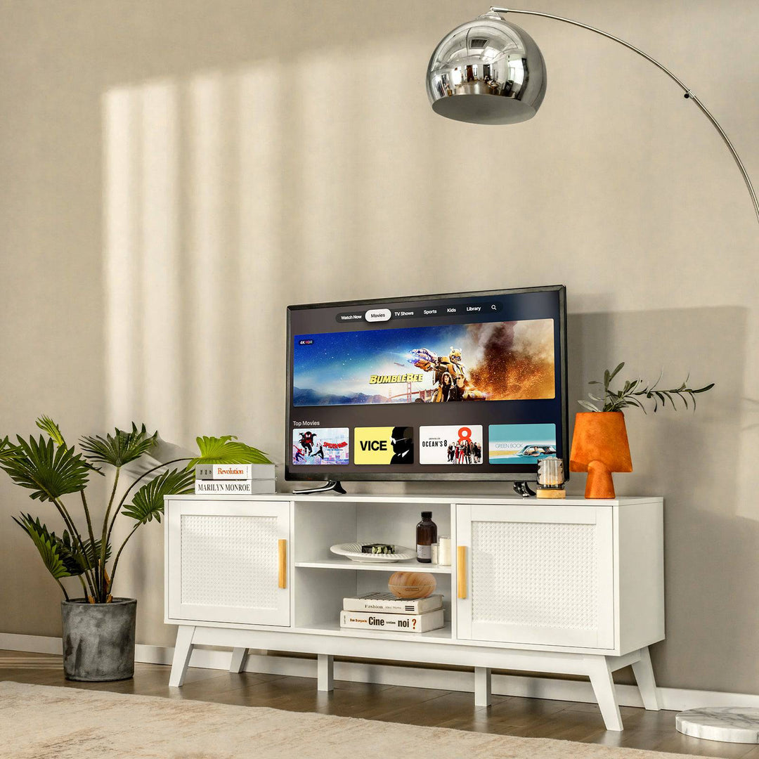 Rattan TV Stand for TVs up to 65 Inch with Adjustable Shelf White - TidySpaces