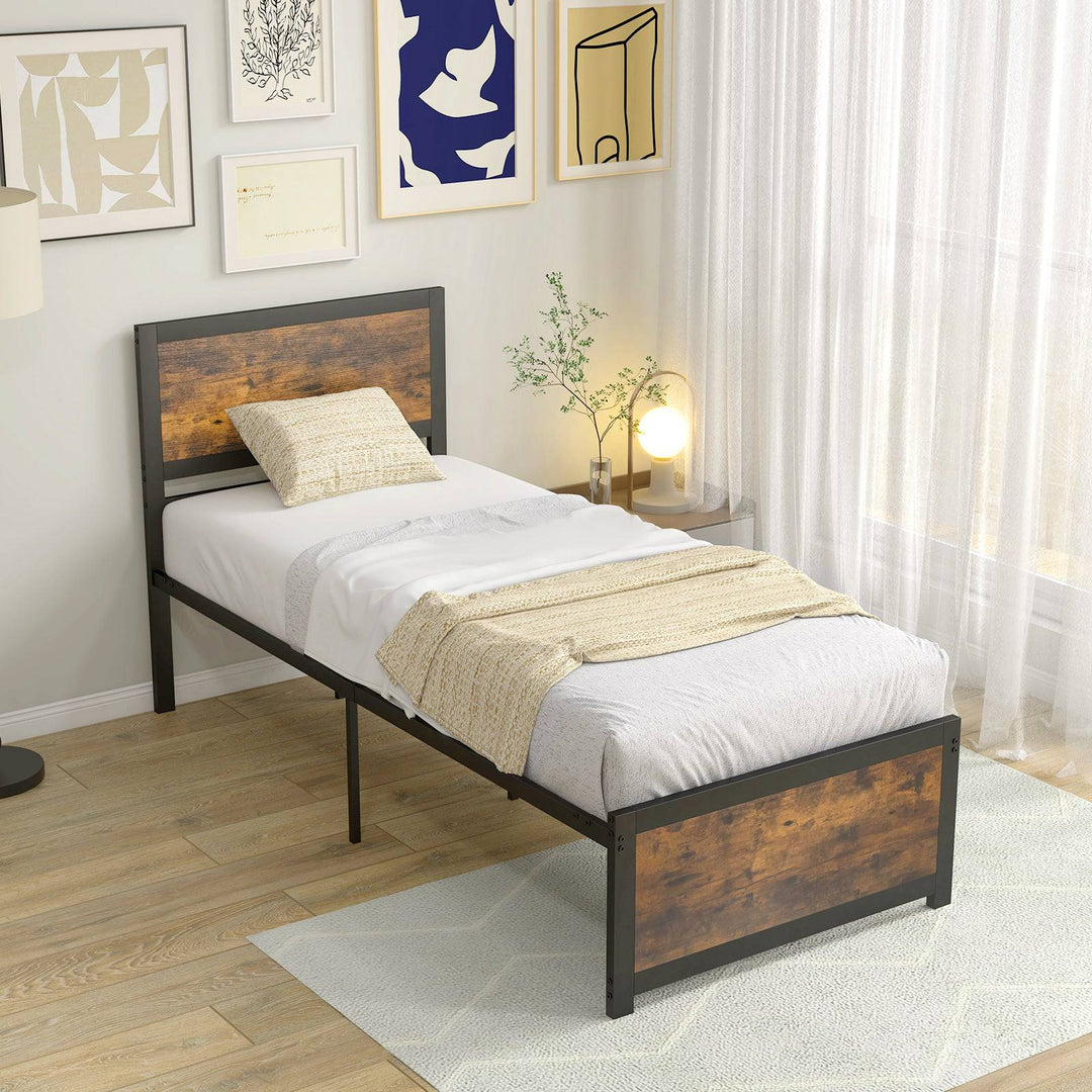 Single Size Bed Frame with High Headboard Metal Slats S - TidySpaces