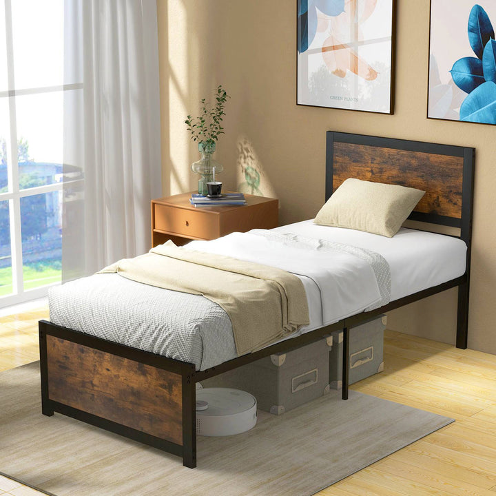 Single Size Bed Frame with High Headboard Metal Slats S - TidySpaces