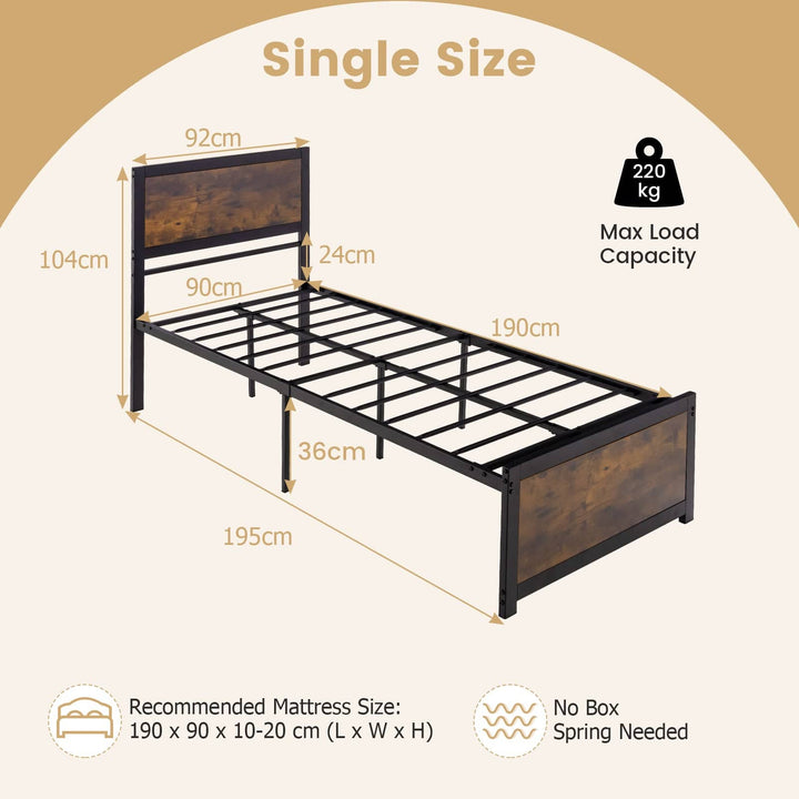 Single Size Bed Frame with High Headboard Metal Slats S - TidySpaces