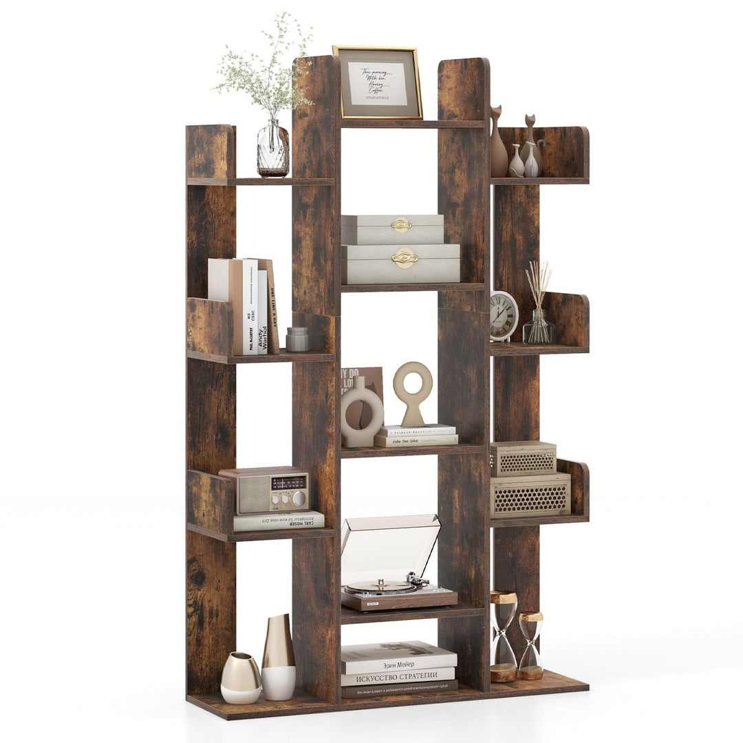 Tree Bookshelf Corner Books Storage Organizer with 13 Open Shelves Rustic Brown - TidySpaces