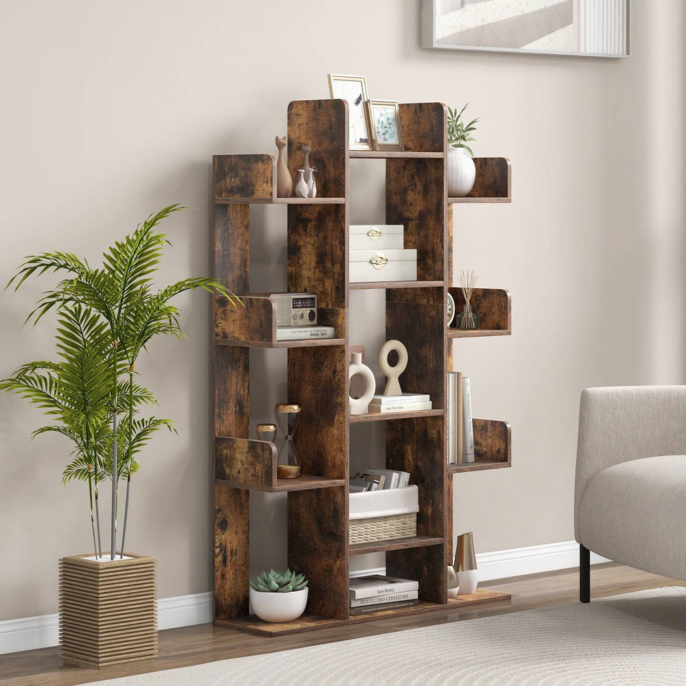 Tree Bookshelf Corner Books Storage Organizer with 13 Open Shelves Rustic Brown - TidySpaces