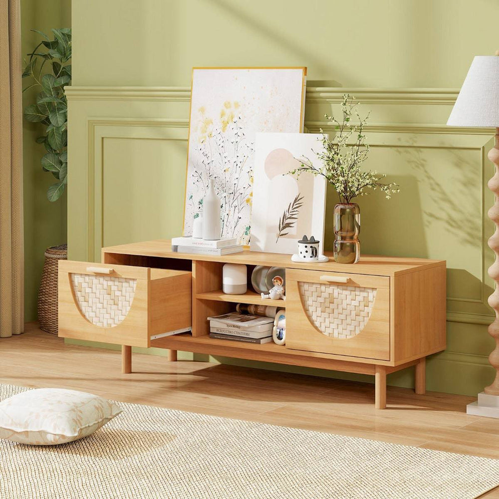 TV Console Media Cabinet with 2 Drawers & Bamboo Woven Fronts - TidySpaces