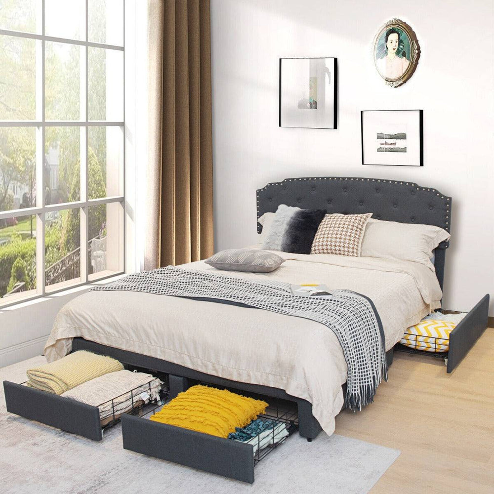 Upholstered Double Bed Frame with 4 Storage Drawers and Adjustable Headboard - TidySpaces