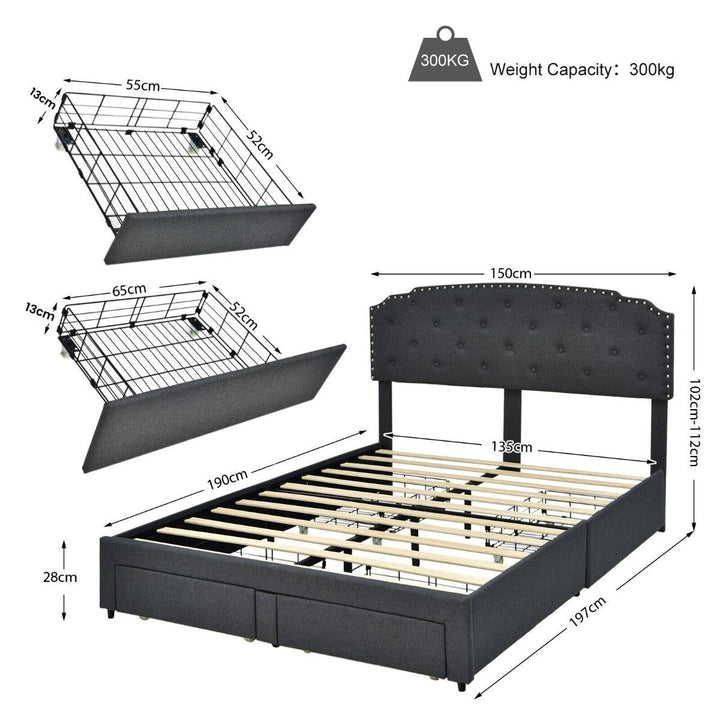 Upholstered Double Bed Frame with 4 Storage Drawers and Adjustable Headboard - TidySpaces