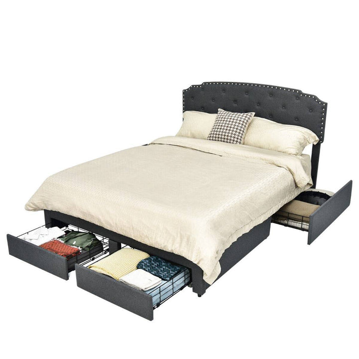 Upholstered Double Bed Frame with 4 Storage Drawers and Adjustable Headboard - TidySpaces