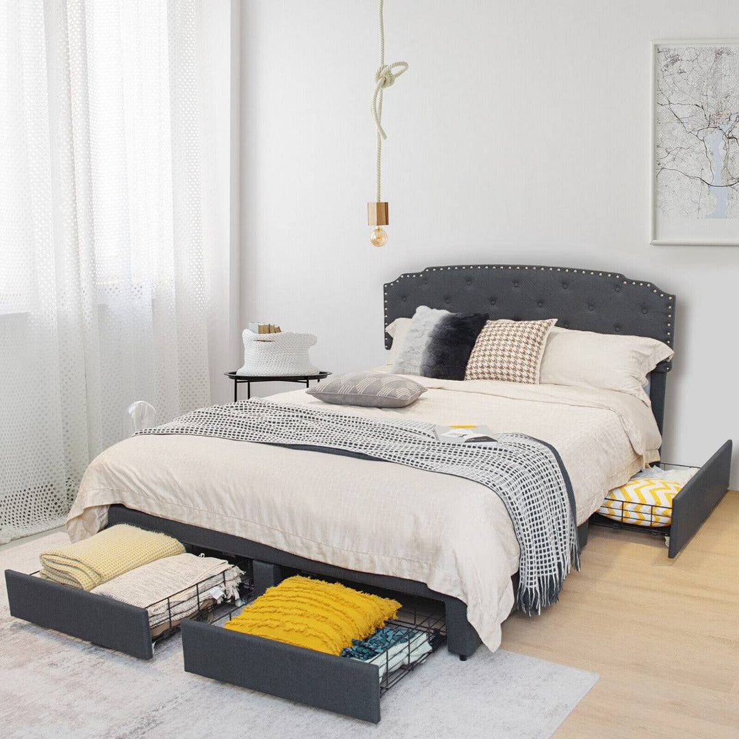 Upholstered Double Bed Frame with 4 Storage Drawers and Adjustable Headboard - TidySpaces