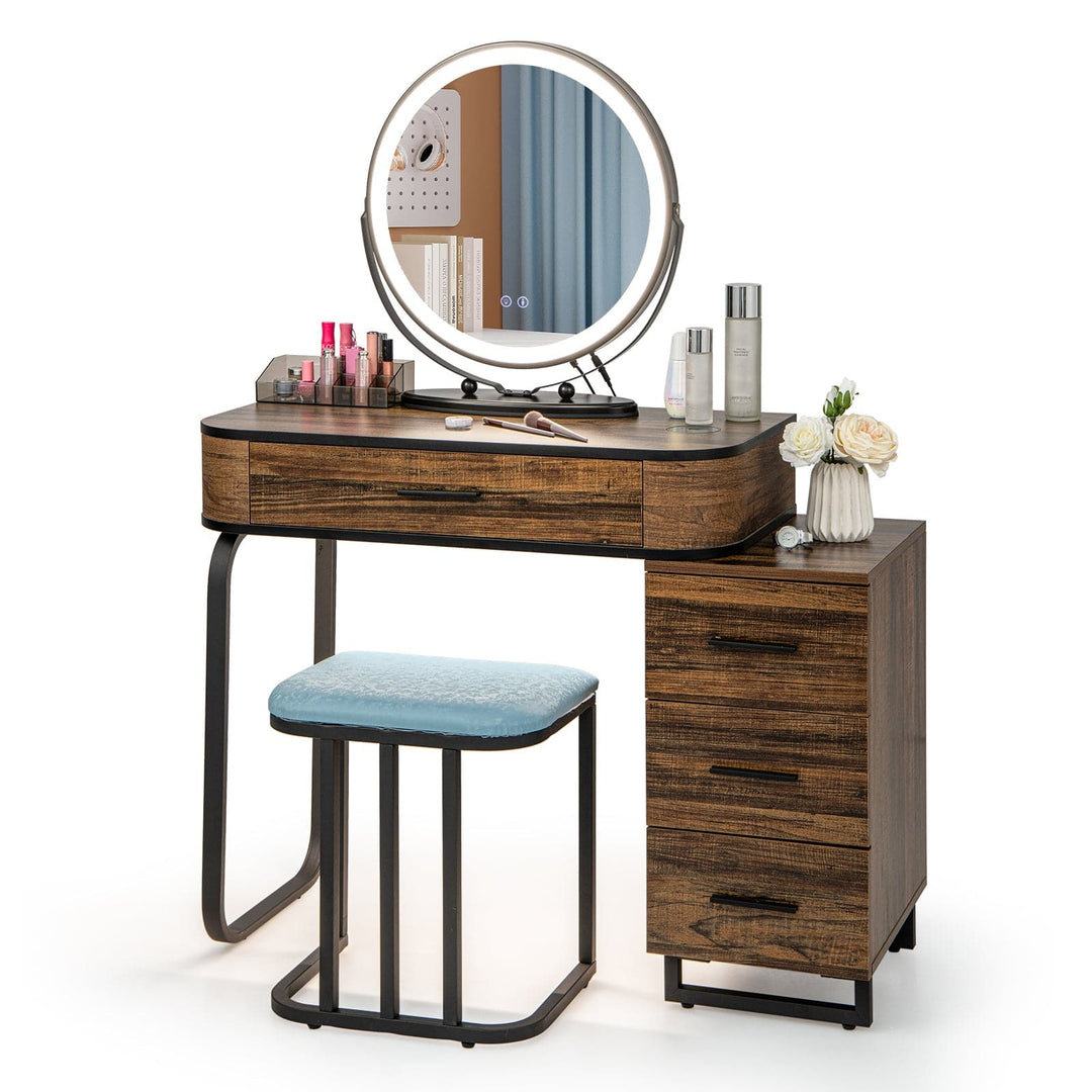 Vanity Table and Stool Set with 3 Color Touch Screen Lighted Swivel Mirror - TidySpaces